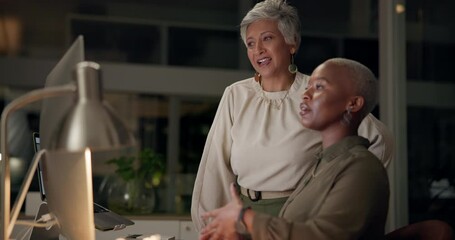 Poster - Night, coaching and women with computer, business people and teamwork with deadline, review article and consulting. Mentor, advice and employees with pc, internet and research for magazine editing