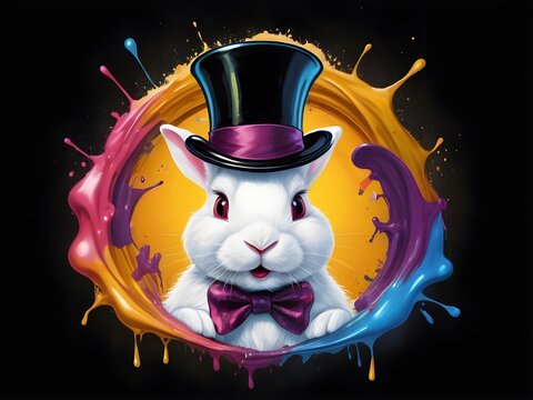 colorful 2d round logo emerging from the darkness portrait of a white rabbit painting