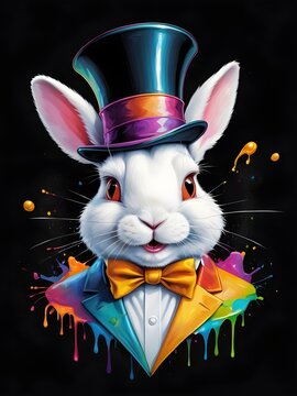 colorful 2d round logo emerging from the darkness portrait of a white rabbit painting