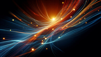 Abstract dynamic flowing lines in vibrant orange blue hues composition evokes a feeling of motion and light suggesting a digital or futuristic theme against a dark background