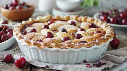 Homemade cherry pie with fresh berries. Delicious homemade pastry with lattice design.