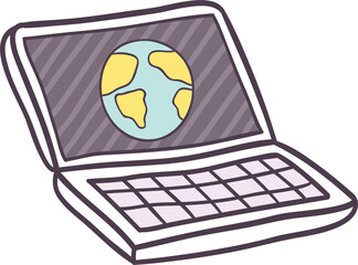 
Laptop for remote working.computer with globe logo inside. Computer for freelance home office. Notebook for work and study. Hand drawn colorful retro vintage vector illustration. Old style cartoon, c