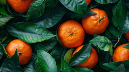 Poster - Tangerines with their vibrant orange color and green leaves creating a lively and eye-catching background, emphasizing freshness.