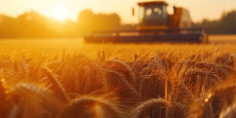 Macro Shot of Wheat with Blurry Harvester