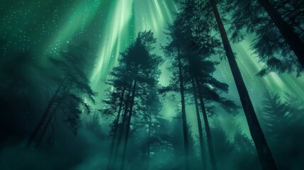 Fototapete - Aurora borealis illuminating forest