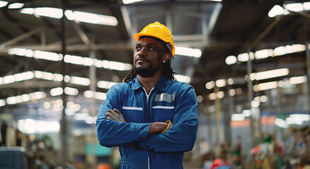 Wall Mural - A man in a blue work suit with a yellow helmet stands in a large industrial building. He is looking up at the ceiling, possibly admiring the architecture or just taking a break from his work