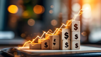 Dynamic financial growth represented by dollar sign blocks on a chart, symbolizing success and opportunity