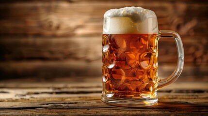 Beer mug with rich foam head on a rustic wooden table