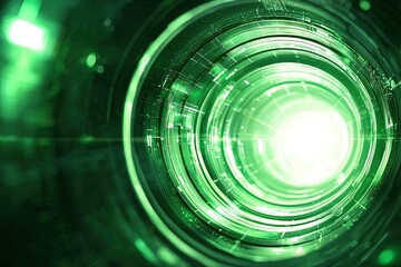 Poster - Dynamic green light tunnel with a vivid glow, perfect for technology, backgrounds, and sci-fi concepts.
