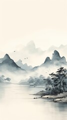 Poster - Lake and mountain landscape outdoors painting.