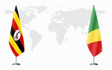 Wall Mural - Uganda and Congo Brazzaville flags for official meeting against background of world map.