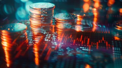 Poster - Double exposure of graph overlaying stock display and rows of coins for finance and banking concept