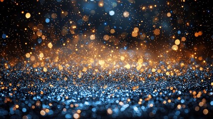 Poster - A shimmering display of golden and blue particles sparkling against a dark backdrop, creating a magical atmosphere in an abstract setting