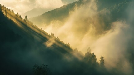 Aufkleber - Early morning sunlight through fog in a mountain valley