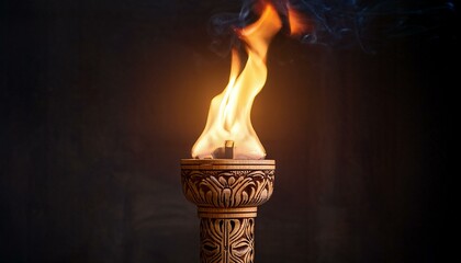 Wall Mural - A tall, wooden, carved torch with a flame burning brightly at the top. The torch has a decorative pattern.