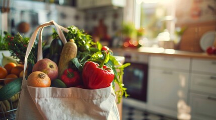 Poster - Fresh produce in a cloth shopping bag on a kitchen counter