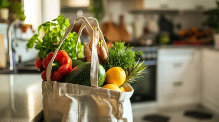 Poster - Fresh produce in a cloth shopping bag on a kitchen counter