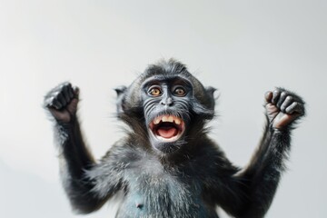 Wall Mural - Joyful Monkey with Open Mouth Showing Teeth on Light Background