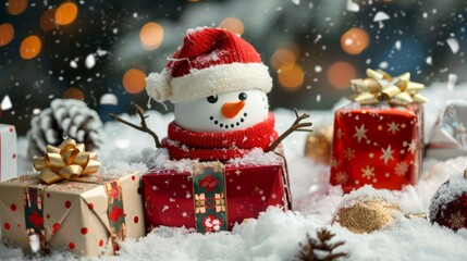 Poster - Gift boxes in snow with a snowman in the background