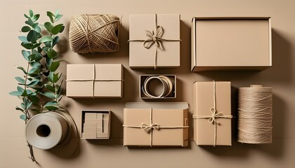 Wall Mural - Sustainable Packaging Essentials Displayed in Flat Lay with Cardboard, Twine, and Paper Tape