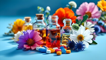 Wall Mural - Vibrant display of pills, blossoms, and liquid medicine bottles against a serene blue backdrop