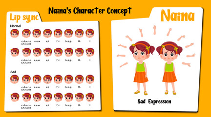 A sad girl cartoon character AKA Naina. Little girl with red hair cartoon character face expressions and lip sync. Set of cute girl with various hand gesture and front and 1/3 standing pose.