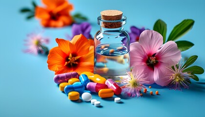 Wall Mural - Vibrant display of pills, blossoms, and liquid medicine bottles against a serene blue backdrop