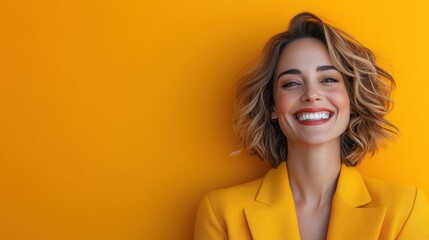 A cheerful image featuring a happy woman with a broad smile, wearing a yellow blazer, posing confidently against a matching yellow background.