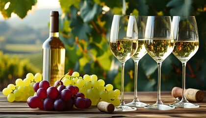 Elegant white wine glasses with fresh grapes and wine bottles creating a sophisticated ambiance