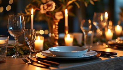 Sophisticated candlelit dinner table adorned with exquisite glassware and elegant decor