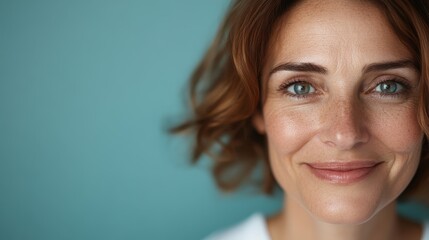 A close-up of a smiling woman with brown hair against a teal background, capturing a sense of warmth, friendliness, and natural beauty in a casual setting.