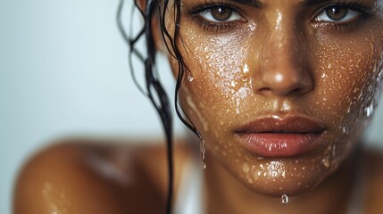 A dramatic close-up of a woman's face dripping with water, capturing her intense gaze and strong features, set against a neutral background to emphasize her expression.