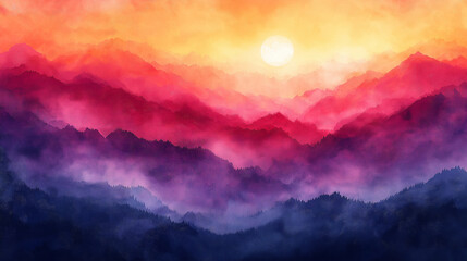 Wall Mural - A painting of a mountain range with a sun in the sky