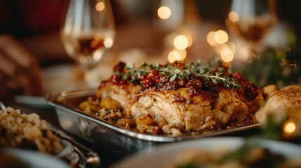 A Christmas dinner table featuring a roasted chicken garnished with fresh herbs, surrounded by festive holiday decorations, glasses of wine, and a warm, inviting atmosphere.