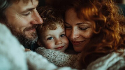 A touching family portrait shows a mother, father, and child embracing each other with smiles, symbolizing familial unity, love, and warmth in a close and intimate setting.