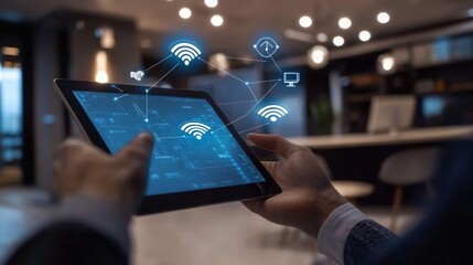 Aufkleber - Tablet Displaying WiFi Signals in Modern Office