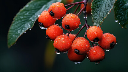 Wall Mural - Close-up of a cluster of bright red berries covered with water droplets and green leaves in the background, showcasing the fresh and vibrant look of the fruit.