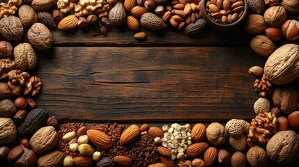 Assorted Nuts and Seeds Displayed Beautifully on a Wooden Background for Culinary and Health Promotion