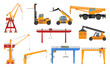 © Aleksandr - Shipping port equipment industrial heavy lifting crane transportation set vector flat illustration