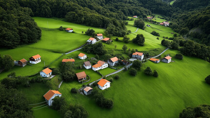 Sticker - Aerial view of a rural village with scattered houses featuring red roofs amidst lush green fields and forests, connected by winding roads and paths.