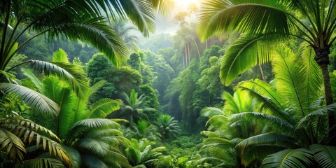 Lush green jungle background with tropical trees and foliage, tropical, rainforest, vegetation, exotic, nature, lush, green