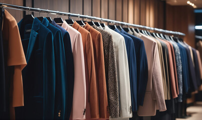 A row of jackets hang on a rack in a retail store