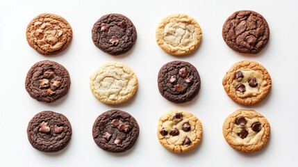 Chocolate chip cookies on white background, top view. Delicious snack
