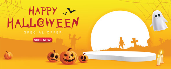 Wall Mural - Happy Halloween sale orange podium, pumpkin, ghost, candle, and bat on orange poster flyer design background, Eps 10 vector illustration