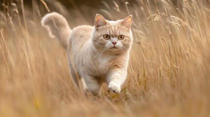 A playful cat running through a field of tall grass, showcasing its agility and curiosity.