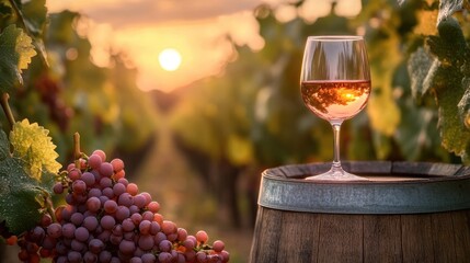 Wall Mural - A glass of roes wine beside grapes and a barrel in a vineyard at sunset, highlighting the beauty of the golden hour