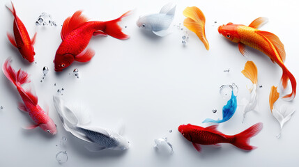 Brightly colored goldfish in a vibrant variety of hues, swimming gracefully in clear water, creating a lively scene.