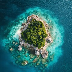 Wall Mural - Aerial View of a Small Island with Lush Vegetation and Clear Turquoise Waters.