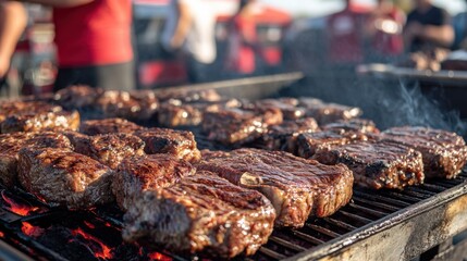 A grill full of steaks, surrounded by a festive tailgate atmosphere in the stadium parking