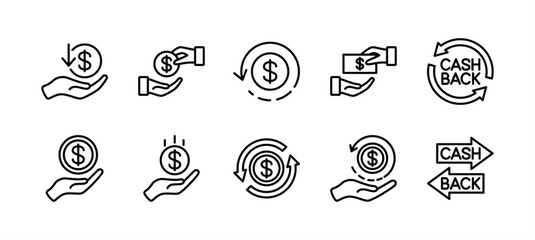 Cash back thin line icon set. Containing change money, rotation arrow sign symbol, refund, convert, deposit coin, purchase transaction, exchange, income, payment, revenue, receive, repay, pay off